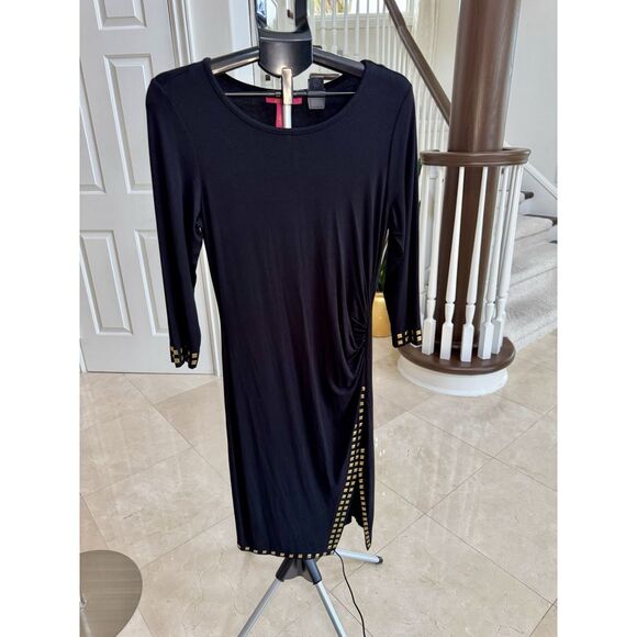 Catherine Malandrino‎ Black Sheath Dress LBD Ruching | Gold Embellishmets Size M - Picture 1 of 14
